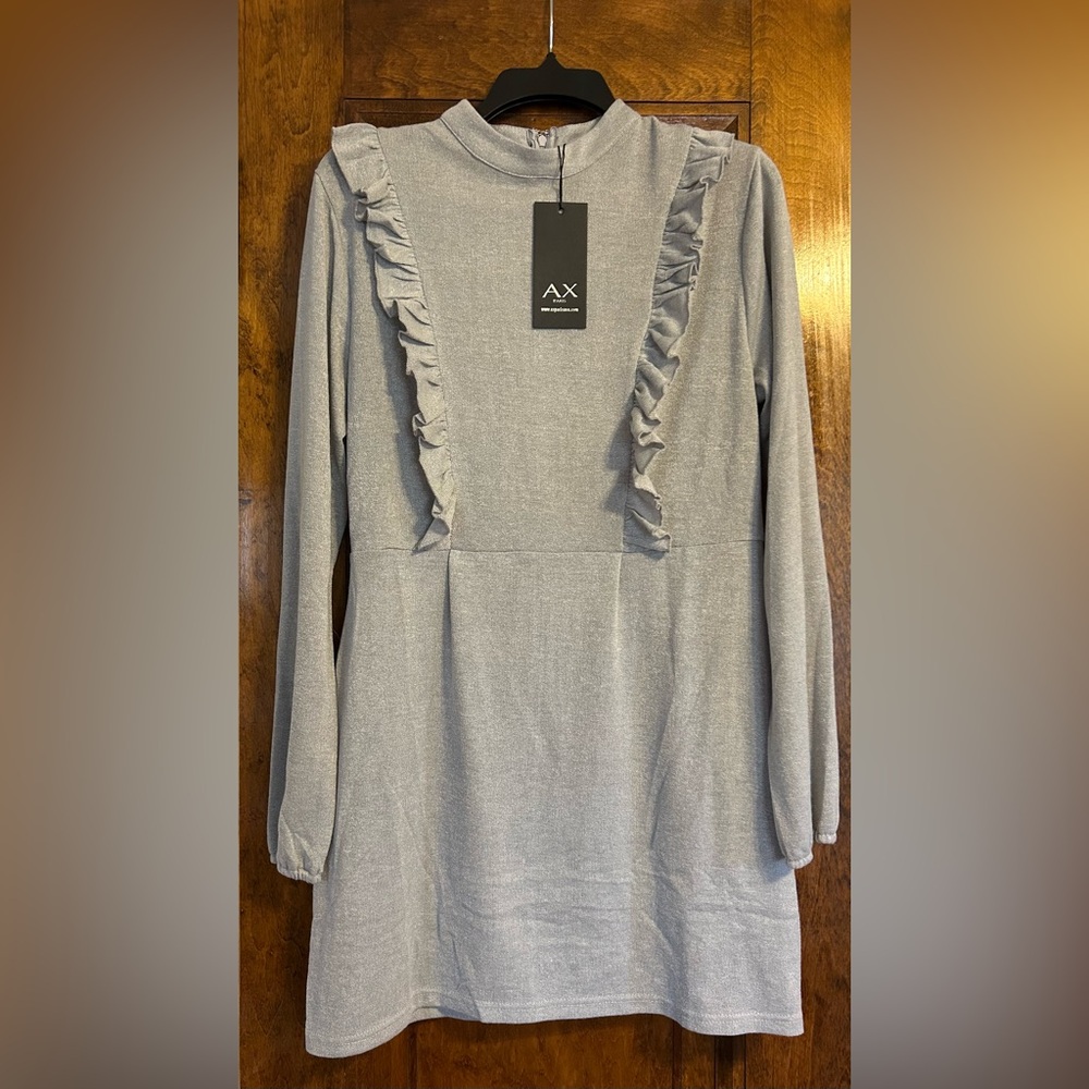 AX Paris Gray Long Sleeve Ruffle Mini Dress NWT